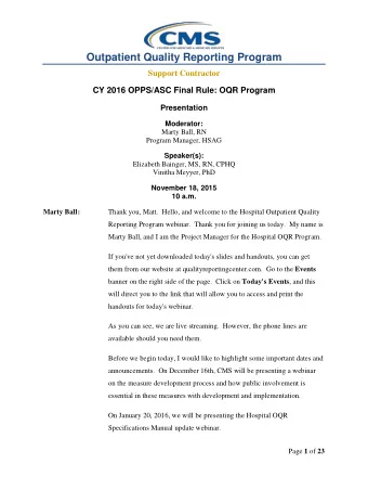 Outpatient Quality Reporting Program  Support Contractor  CY 2016 OPPS/ASC Final Rule: OQR Program