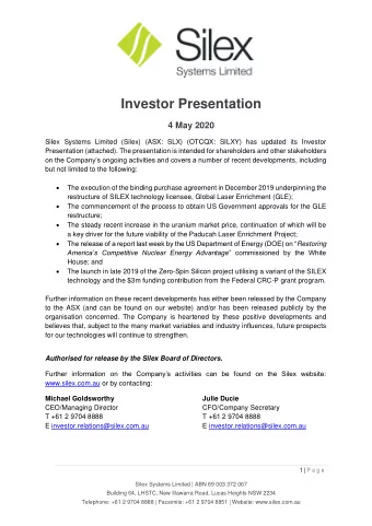 Investor Presentation  4 May 2020  Silex Systems Limited (Silex) (ASX: SLX) (OTCQX: SILXY) has