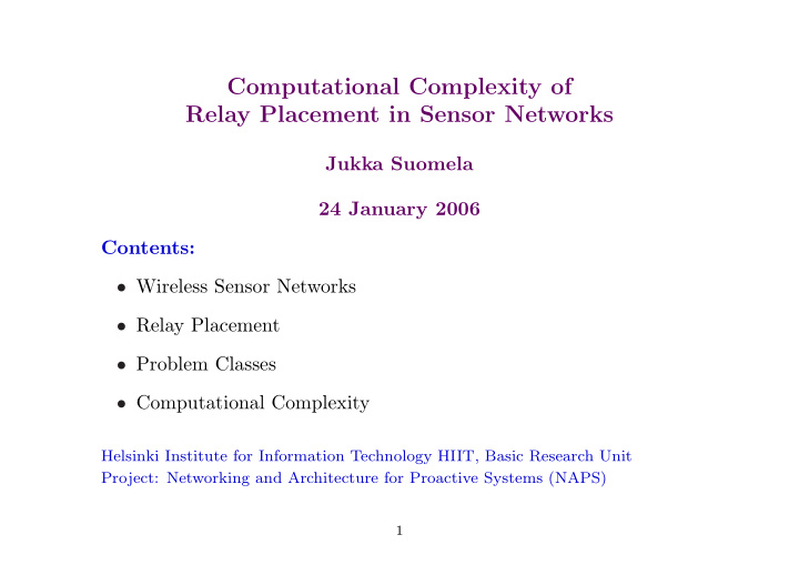 computational complexity of relay placement in sensor