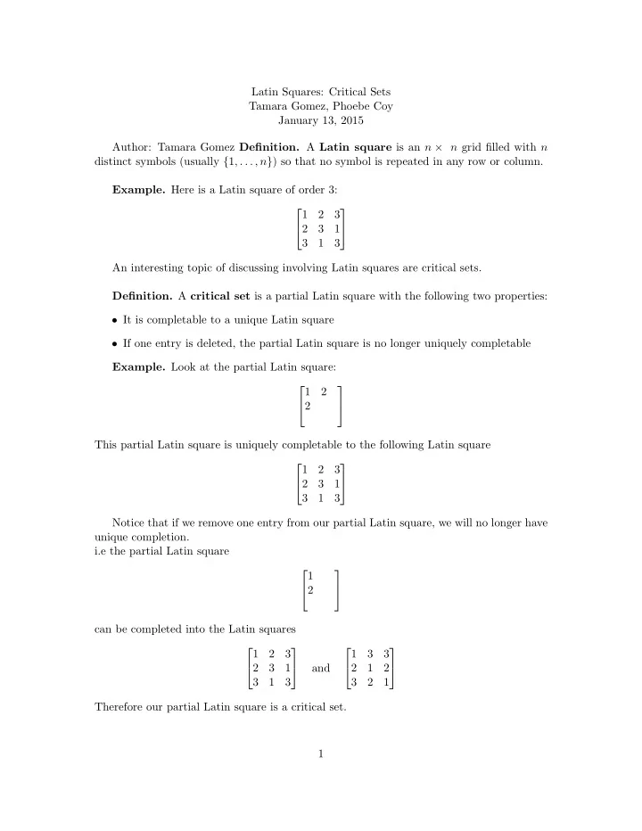 latin squares critical sets tamara gomez phoebe coy