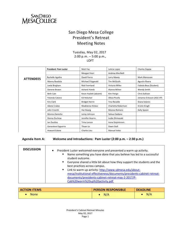 san diego mesa college president s retreat meeting notes