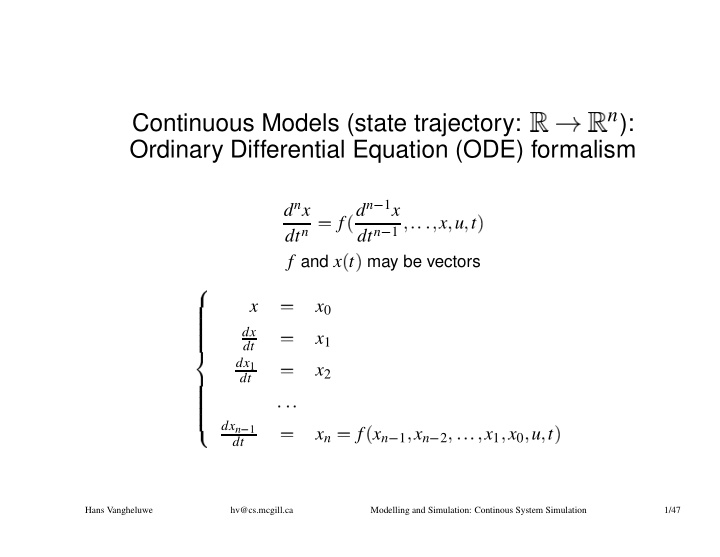 n continuous models state trajectory ordinary