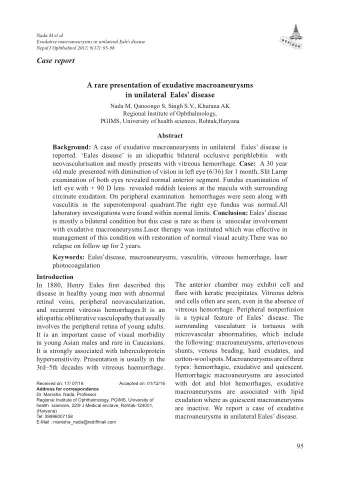 Case report  A rare presentation of exudative macroaneurysms  in unilateral  Eales disease Nada