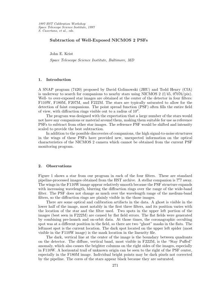 subtraction of well exposed nicmos 2 psfs