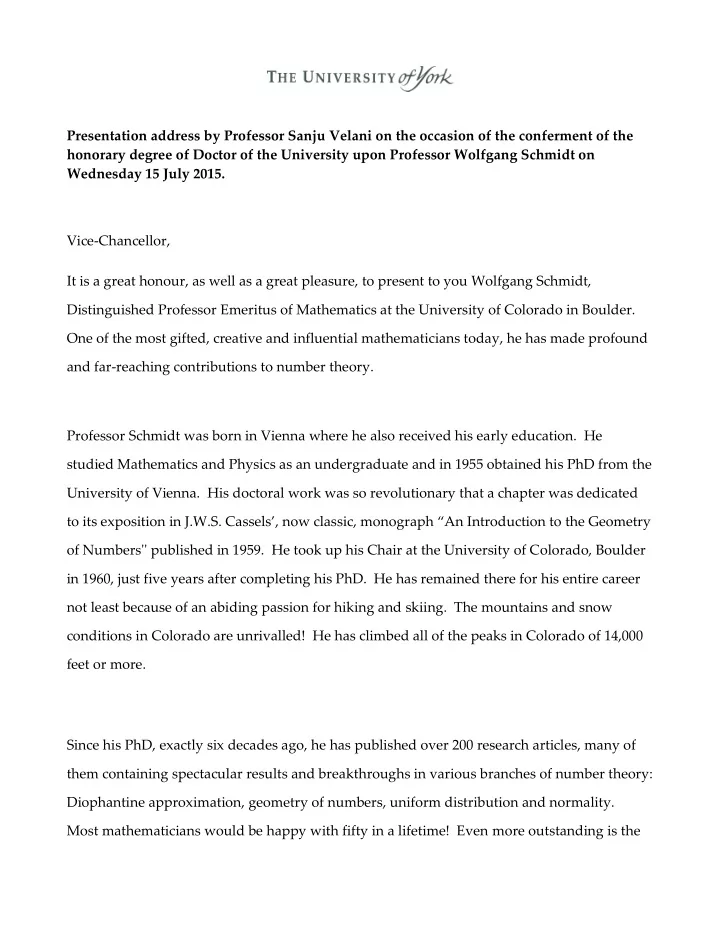 presentation address by professor sanju velani on the