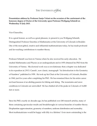 Presentation address by Professor Sanju Velani on the occasion of the conferment of the  honorary