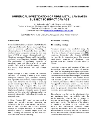NUMERICAL INVESTIGATION OF FIBRE-METAL LAMINATES  SUBJECT TO IMPACT DAMAGE M. Rathnasabapathy 1 *,