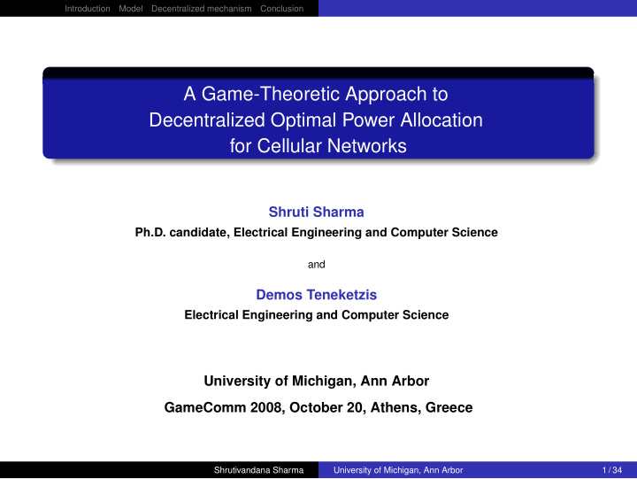a game theoretic approach to decentralized optimal power