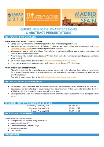 GUIDELINES FOR PLENARY SESSIONS &amp; ABSTRACT PRESENTATIONS INSTRUCTIONS TO SPEAKERS  WHEN YOU