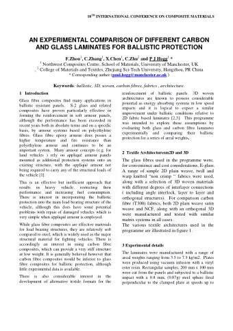 AN EXPERIMENTAL COMPARISON OF DIFFERENT CARBON  AND GLASS LAMINATES FOR BALLISTIC PROTECTION F.Zhou