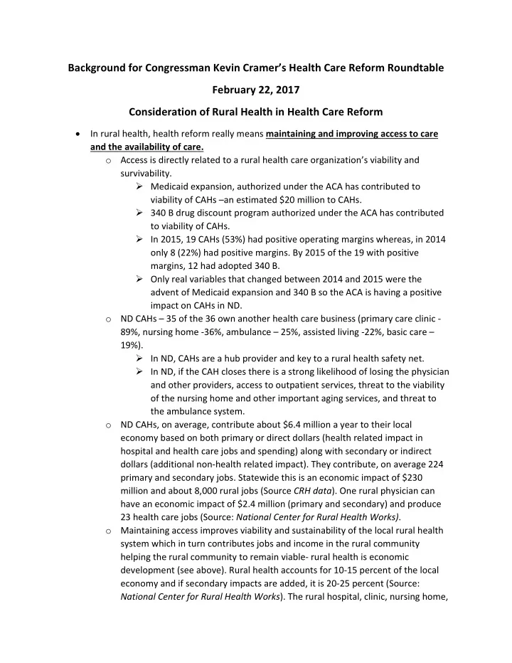 background for congressman kevin cramer s health care