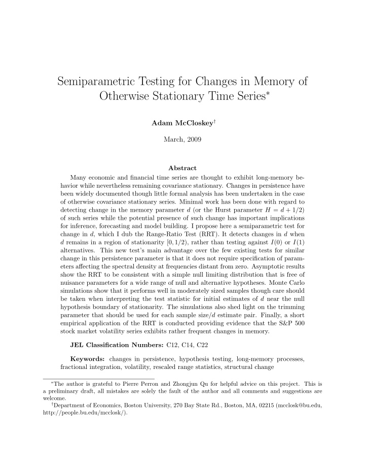 semiparametric testing for changes in memory of