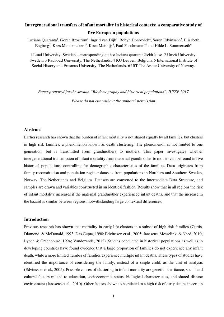 intergenerational transfers of infant mortality in