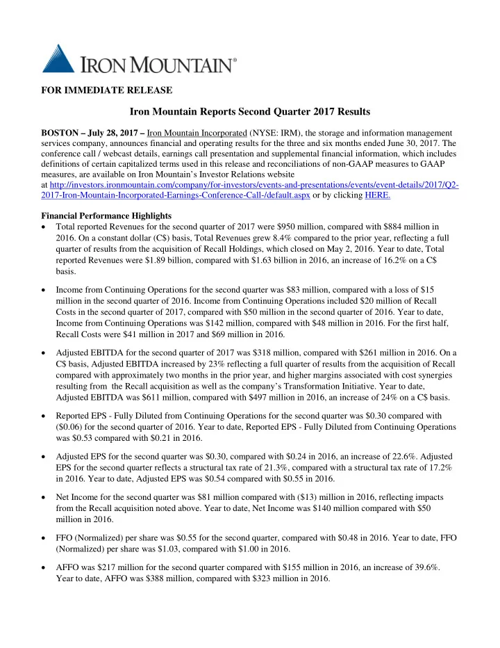 iron mountain reports second quarter 2017 results