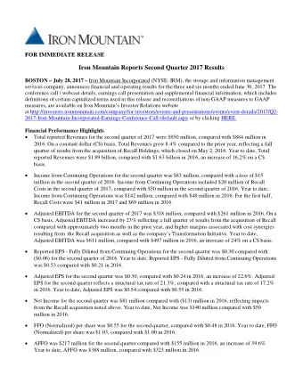 Iron Mountain Reports Second Quarter 2017 Results BOSTON  July 28, 2017  Iron Mountain