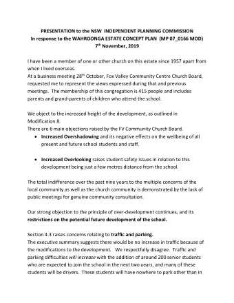 PRESENTATION to the NSW  INDEPENDENT PLANNING COMMISSION  In response to the WAHROONGA ESTATE