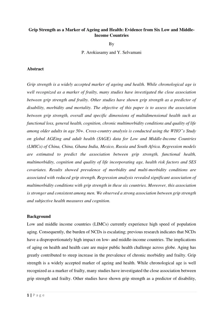 grip strength as a marker of ageing and health evidence