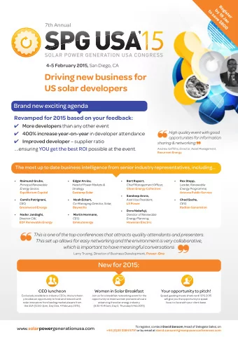 Driving new business for  US solar developers  Brand new exciting agenda  Revamped for 2015 based