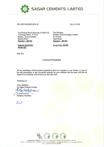 SAGAR CEMENTS LIMITED  Mumbai - 400 001  CIN : L26942TG  Phone : +91-40-23351571, 23356572 Fax: