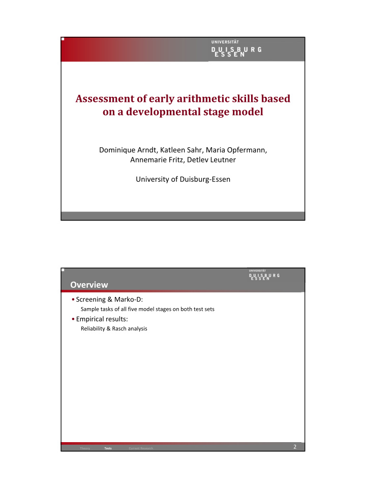 assessment of early arithmetic skills based on a