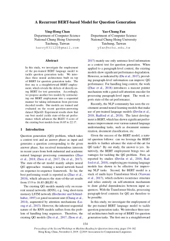 A Recurrent BERT-based Model for Question Generation  Ying-Hong Chan  Yao-Chung Fan  Department of
