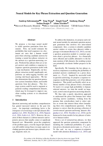 Neural Models for Key Phrase Extraction and Question Generation Sandeep Subramanian  Tong