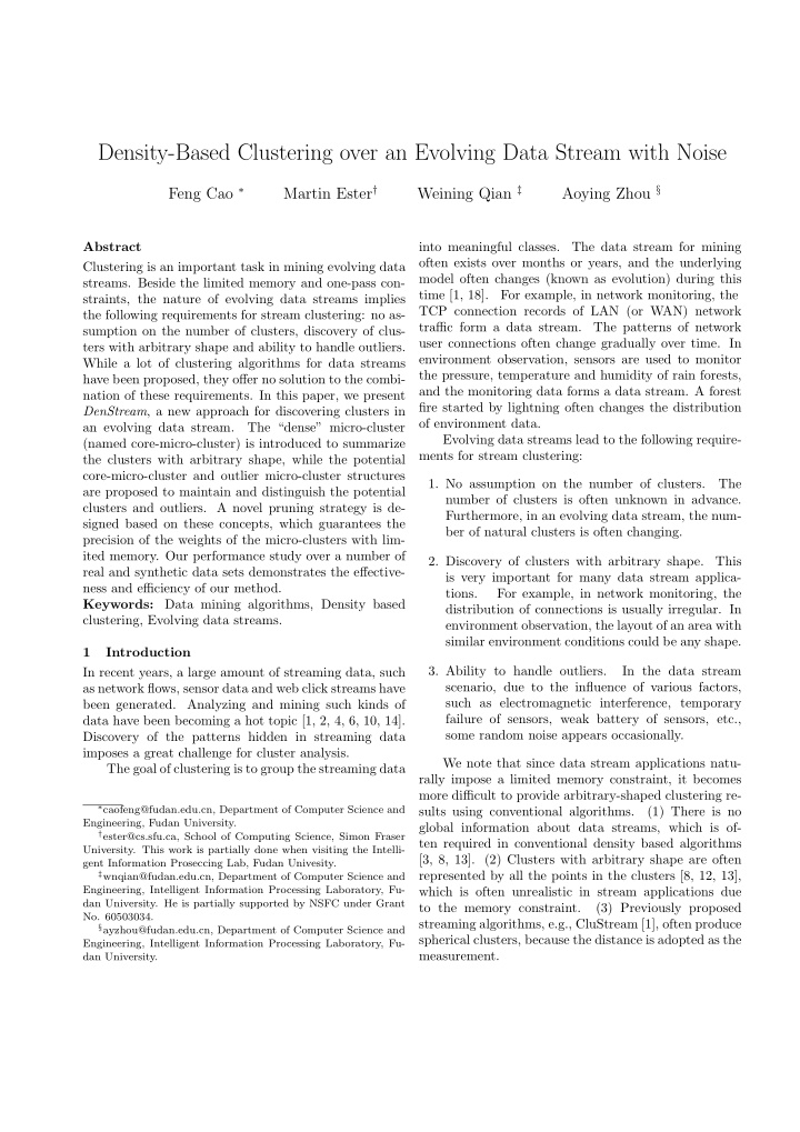 density based clustering over an evolving data stream