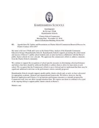 TESTIMONY By Kaanoi Walk  Kamehameha Schools  Charter School Commission  Meeting Date: