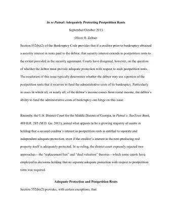 In re Putnal : Adequately Protecting Postpetition Rents  September/October 2013  Oliver S. Zeltner