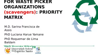 FOR WASTE PICKER  ORGANIZATIONS  (scavengers): PRIORITY  MATRIX  M.D. Sarina Francisca de  Assis
