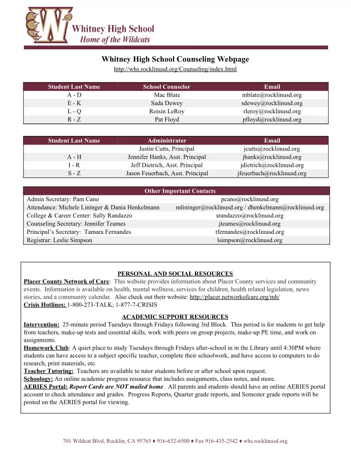 whitney high school counseling webpage