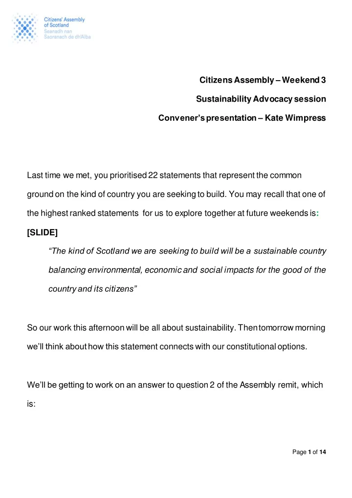 citizens assembly weekend 3 sustainability advocacy