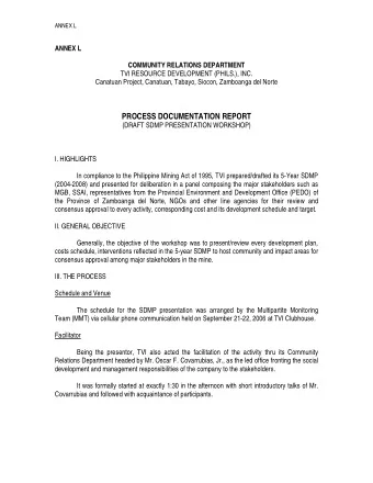 Canatuan Project, Canatuan, Tabayo, Siocon, Zamboanga del Norte  PROCESS DOCUMENTATION REPORT