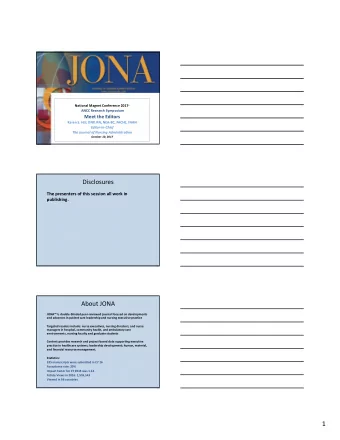 1 Topics of Interest for JONA in 2018  Population Health and the Role of Nursing  APRN Models