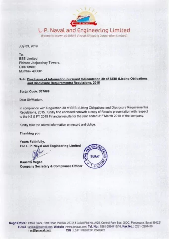 L. P. NAVAL AND ENGINEERING LTD.  2nd Half Year Ended &amp; FY19 Update  Safe Harbour  This