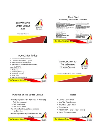 Agenda for Today  Introduction to the Street Census  Census Day information - Logistics I