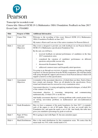 Transcript for recorded event  Course title: Edexcel GCSE (9-1) Mathematics 1MA1 Foundation: