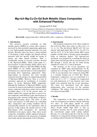 Mg-rich Mg-Cu-Zn-Gd Bulk Metallic Glass Composites  with Enhanced Plasticity J.I. Lee and E.S. Park