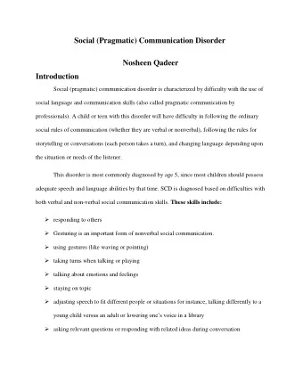 Social (Pragmatic) Communication Disorder  Nosheen Qadeer  Introduction  Social (pragmatic)