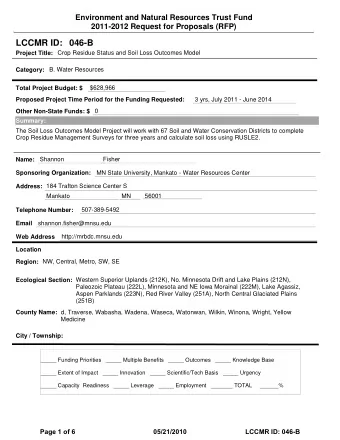 LCCMR ID: 046-B  Project Title:  Crop Residue Status and Soil Loss Outcomes Model  Category:  B.