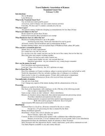 Travel Industry Association of Kansas  Transient Guest Tax  February 9, 2011  Introductions: