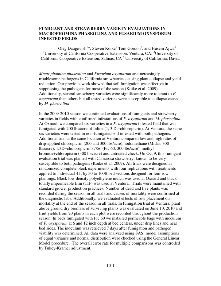 fumigant and strawberry variety evaluations in