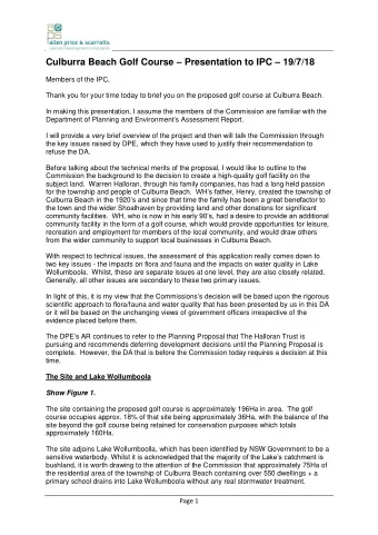 Culburra Beach Golf Course  Presentation to IPC  19/7/18  Members of the IPC,  Thank you for