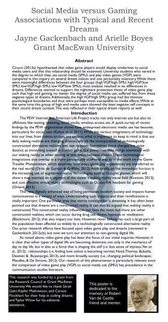 Associations with Typical and Recent  Dreams  Jayne Gackenbach and Arielle Boyes  Grant MacEwan