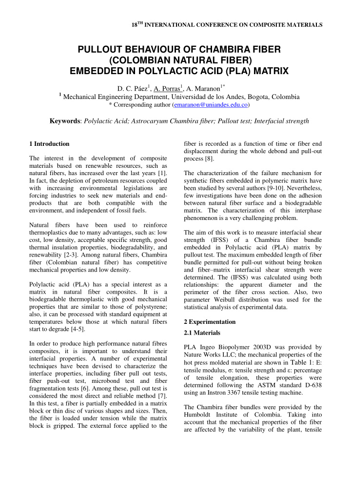 pullout behaviour of chambira fiber colombian natural