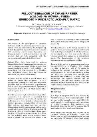 PULLOUT BEHAVIOUR OF CHAMBIRA FIBER  (COLOMBIAN NATURAL FIBER)  EMBEDDED IN POLYLACTIC ACID (PLA)