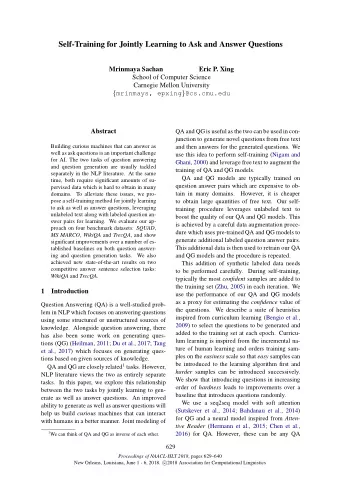 Self-Training for Jointly Learning to Ask and Answer Questions  Mrinmaya Sachan  Eric P. Xing