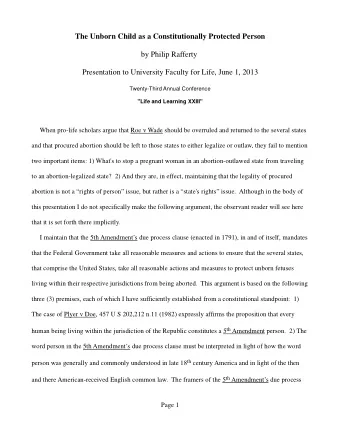 The Unborn Child as a Constitutionally Protected Person  by Philip Rafferty  Presentation to