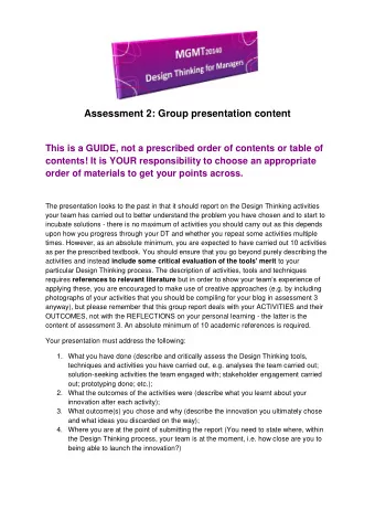 Assessment 2: Group presentation content  This is a GUIDE, not a prescribed order of contents or
