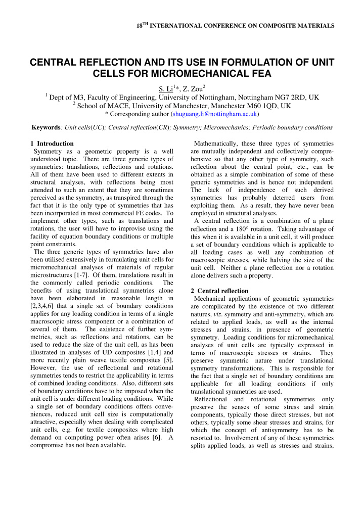 central reflection and its use in formulation of unit